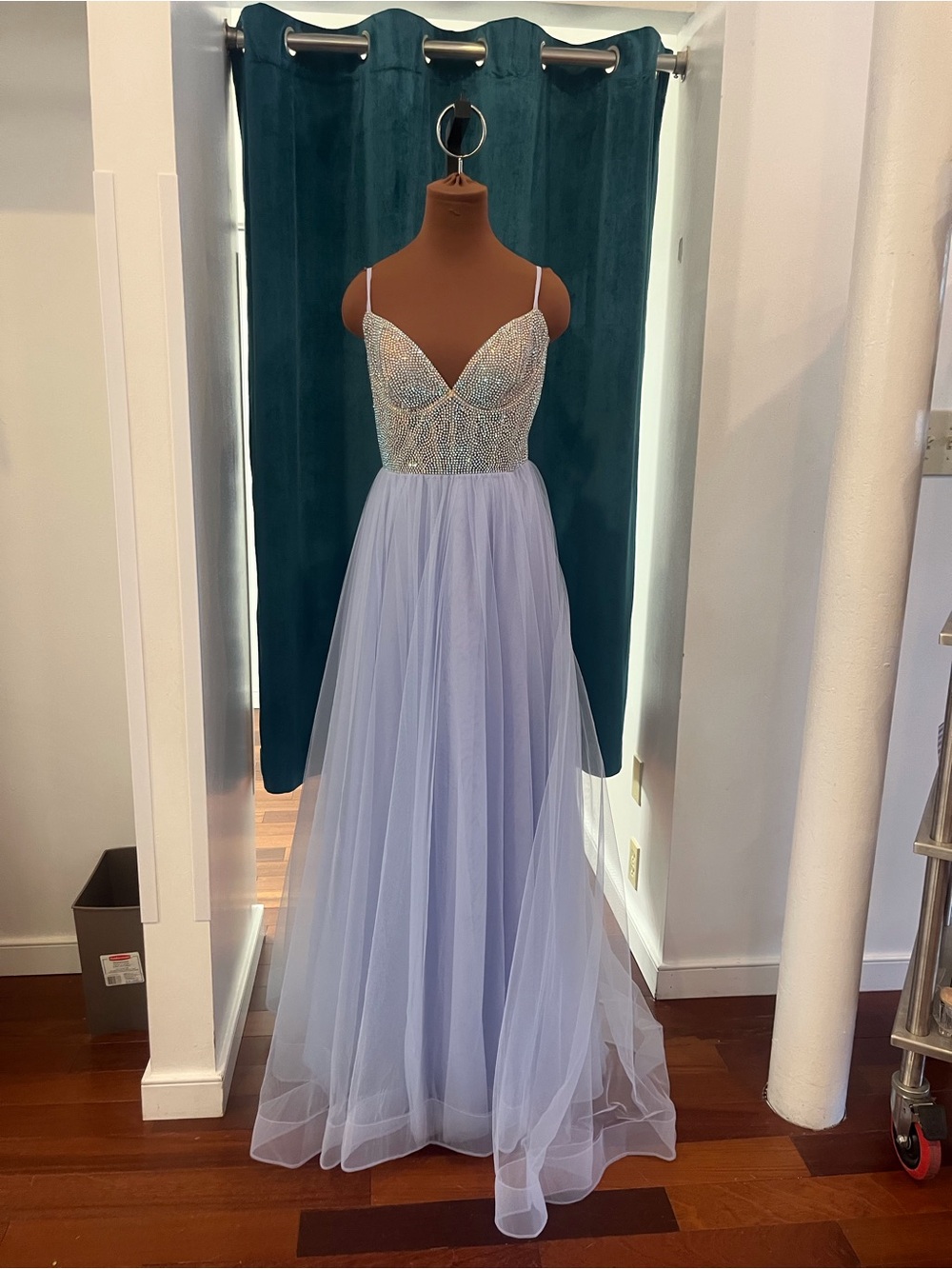 La Femme Sequin Bodice A-Line Gown with Lavender Tulle Skirt